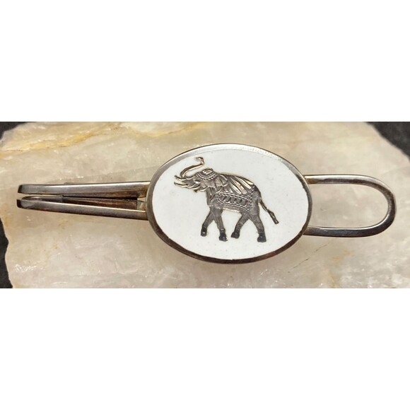Vintage SIAM‎ Sterling Silver 925 Elephant White Enamel Tie Bar Clip 10.5g Retro - Picture 1 of 8